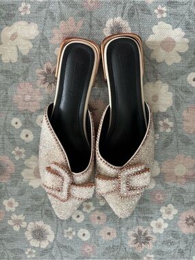 Sparkle Bow Pointed Toe Mules in Rose Gold